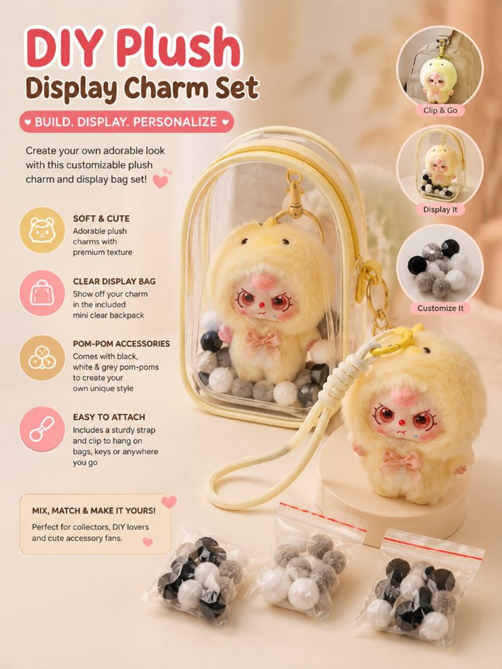 Plush Display Charm Set Clear Mini Bag Pom Poms Wrist Strap Kawaii Accessory